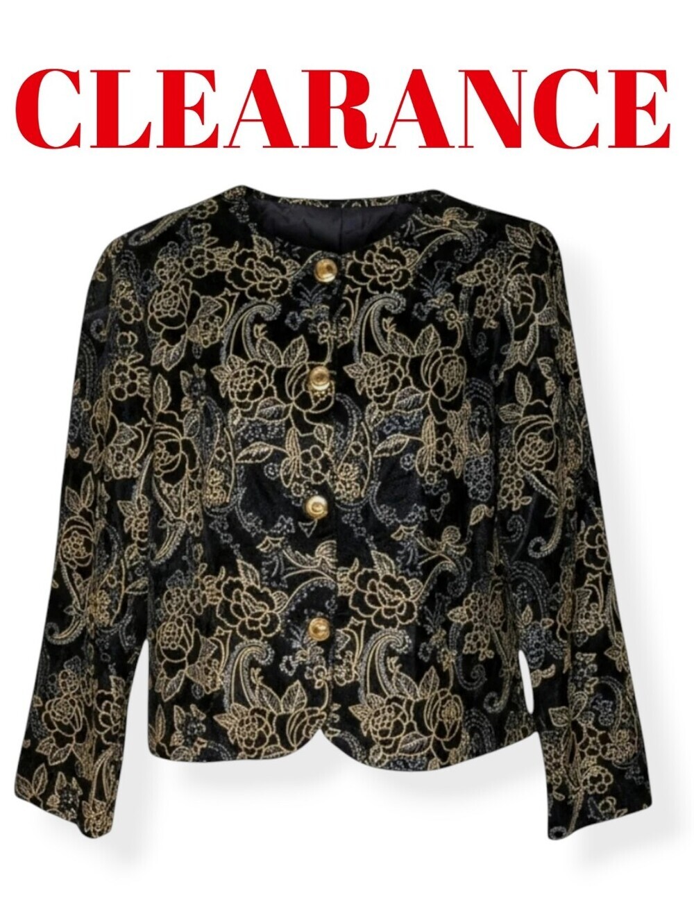 Joanna Vintage Black Gold Velvet Brocade Jacket Embroidered Metallic Floral Crop